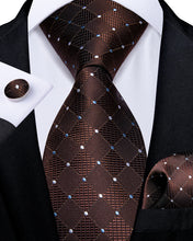 Novelty Brown White Plaid Men's Tie Handkerchief Cufflinks Set