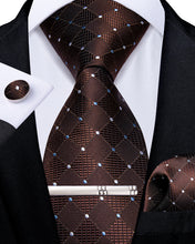 Brown White Plaid Men's Tie Handkerchief Cufflinks Clip Set