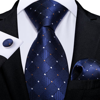 Blue White Plaid Men's Tie Handkerchief Cufflinks Set