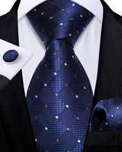 Blue White Plaid Men's Tie Handkerchief Cufflinks with Lapel Pin Brooch Set
