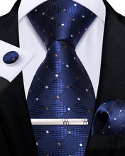 Blue Brown Plaid Men's Tie Handkerchief Cufflinks Clip Set