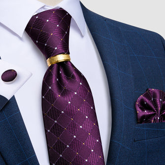 4PCS Purple White Plaid Men's Silk Tie Handkerchief Cufflinks With Tie Ring Set