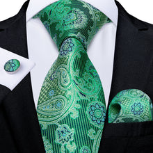 mens silk paisley green and blue tie pocket square cufflinks set
