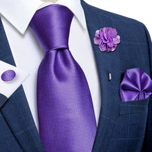 Purple Plaid Tie Men's Silk Necktie Handkerchief Cufflinks Set With Lapel Pin Brooch Set