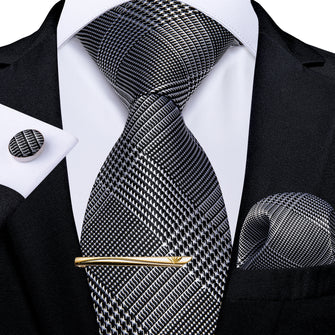 New Novelty Houndstooth  Men's Tie Handkerchief Cufflinks Clip Set
