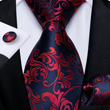 Blue Red Floral Men's Silk Tie Handkerchief Cufflinks Set