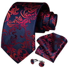 Blue Red Floral Men's Silk Tie Handkerchief Cufflinks Set