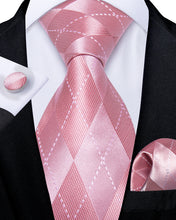 Pink Plaid Men's Silk Tie Handkerchief Cufflinks Set