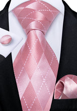 Pink Plaid Men's Silk Tie Handkerchief Cufflinks Set