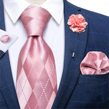 Pink Plaid Men's Silk Tie Handkerchief Cufflinks With Lapel Pin Brooch Set