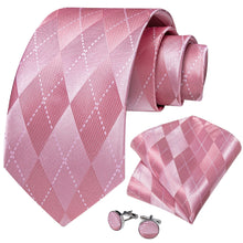 Pink Plaid Men's Silk Tie Handkerchief Cufflinks With Lapel Pin Brooch Set