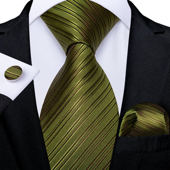 silk mens striped green olive tie pocket square cufflinks set