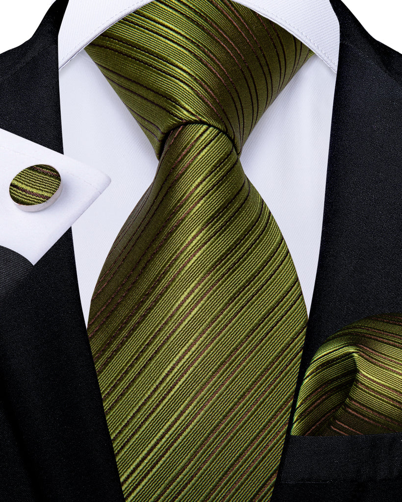 Novelty Olive Green Striped Men's Silk Tie Handkerchief Cufflinks Set ...