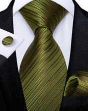 Novelty Olive Green Striped Men's Silk Tie Handkerchief Cufflinks Set