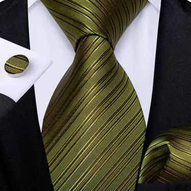 Novelty Olive Green Striped Men's Silk Tie Handkerchief Cufflinks Set
