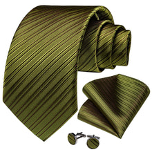 silk mens striped green olive tie pocket square cufflinks set
