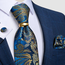 4PCS Blue Green Paisley Men's Silk Tie Handkerchief Cufflinks With Tie Ring Set