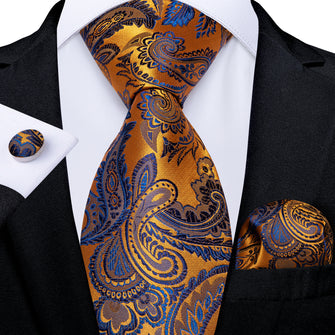 Gold Blue Paisley Men's Silk Tie Handkerchief Cufflinks Set