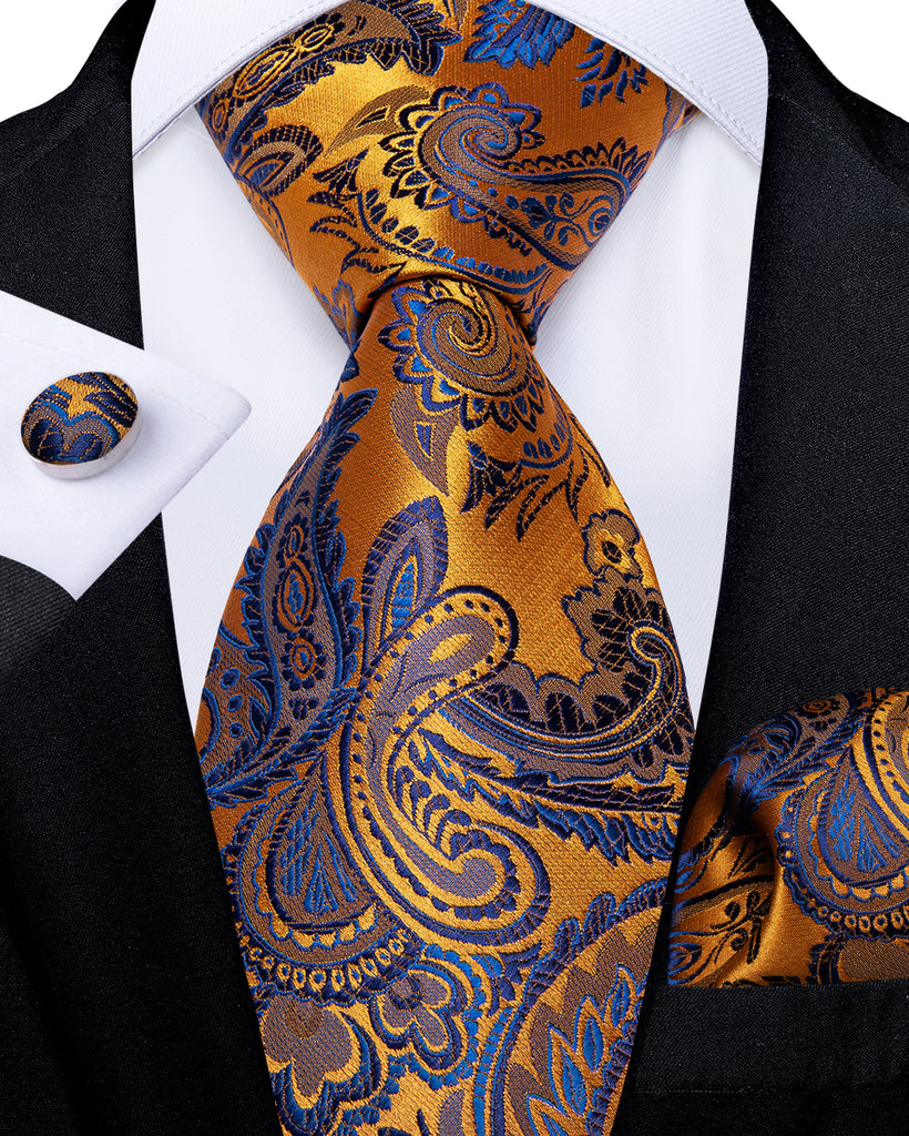 Gold Blue Paisley Men's Silk Tie Handkerchief Cufflinks Set– DiBanGuStore