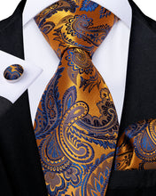 Gold Blue Paisley Men's Silk Tie Handkerchief Cufflinks Set