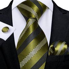 Olive Green Black Striped Men's Silk Tie Handkerchief Cufflinks Set