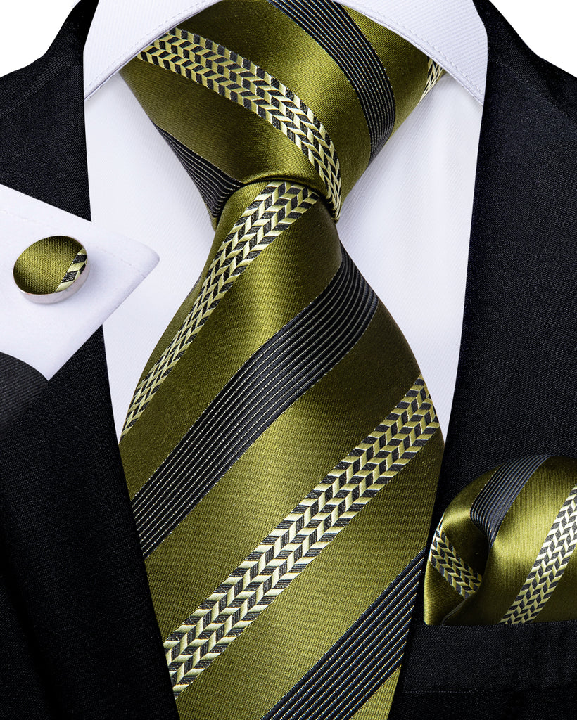 Olive Green Black Striped Men's Silk Tie Handkerchief Cufflinks Set ...