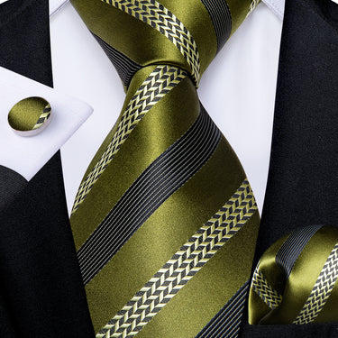 Olive Green Black Striped Men's Silk Tie Handkerchief Cufflinks Set