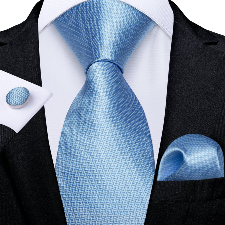 Sky Blue Solid Men's Silk Tie Handkerchief Cufflinks Set– DiBanGuStore