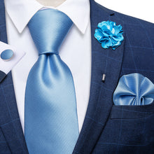 Sky Blue Solid Silk Men's Necktie Handkerchief Cufflinks Set With Lapel Pin Brooch Set