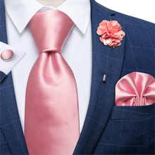 Pink Solid Men's Tie Handkerchief Cufflinks With Lapel Pin Brooch Set