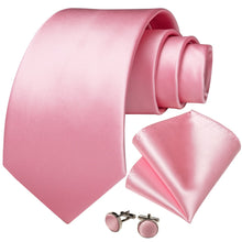 Pink Solid Men's Tie Handkerchief Cufflinks With Lapel Pin Brooch Set