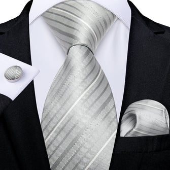 White Grey Striped Men's Silk Tie Handkerchief Cufflinks Set