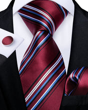 Red Blue Striped Men's Tie Handkerchief Cufflinks Set