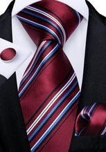 Red Blue Striped Men's Tie Handkerchief Cufflinks Set