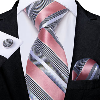 Pink Grey Striped Men's Tie Handkerchief Cufflinks Set
