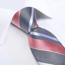 Pink Grey Striped Men's Tie Handkerchief Cufflinks Set
