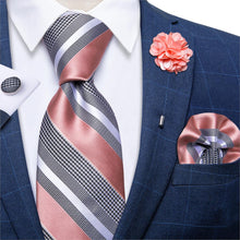 Pink Grey Striped Men's Tie Handkerchief Cufflinks With Lapel Pin Brooch Set