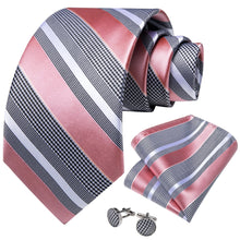Pink Grey Striped Men's Tie Handkerchief Cufflinks With Lapel Pin Brooch Set