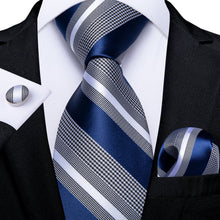 New Blue Grey Striped  Men's Tie Handkerchief Cufflinks Clip Set