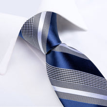 Blue Grey Striped  Men's Tie Handkerchief Cufflinks Clip Set