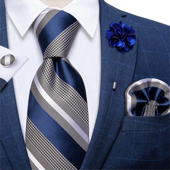 Blue Grey Striped Men's Tie Handkerchief Cufflinks  With Lapel Pin Brooch Set