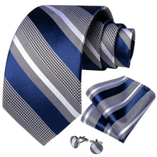 Blue Grey Striped Men's Tie Handkerchief Cufflinks  With Lapel Pin Brooch Set