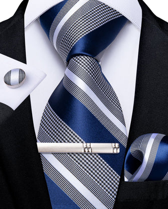 Blue Grey Striped  Men's Tie Handkerchief Cufflinks Clip Set