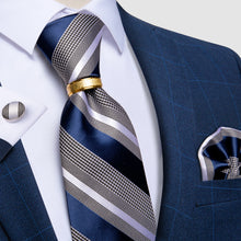 4PCS Blue Grey Striped Men's Silk Tie Handkerchief Cufflinks With Tie Ring Set