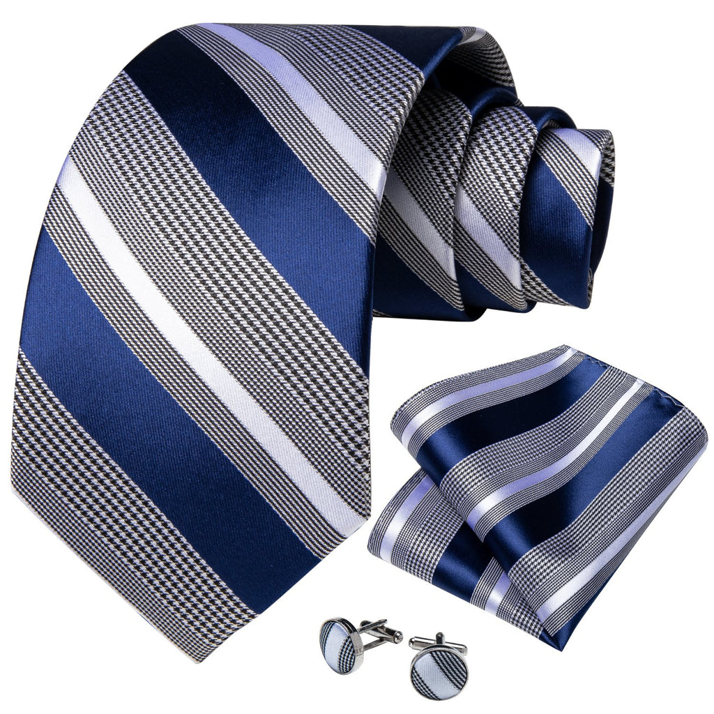 New Blue Grey Striped Men's Tie Handkerchief Cufflinks Clip Set ...