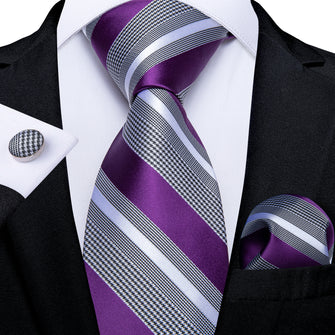  Silk Tie Purple Black White Striped Men's Dress Suit Tie Set