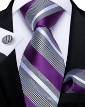 Purple Grey Striped Men's Tie Handkerchief Cufflinks Set