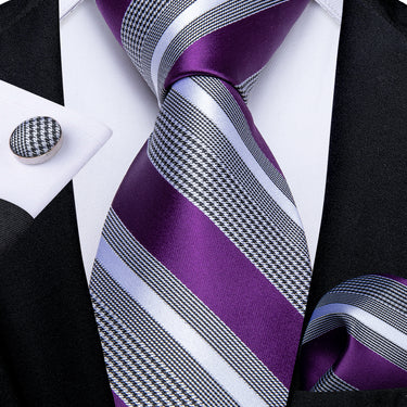 Purple Grey Striped Men's Tie Handkerchief Cufflinks Set