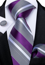  Silk Tie Purple Black White Striped Men's Dress Suit Tie Set
