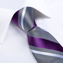 Purple Grey Striped Men's Tie Handkerchief Cufflinks  With Lapel Pin Brooch Set